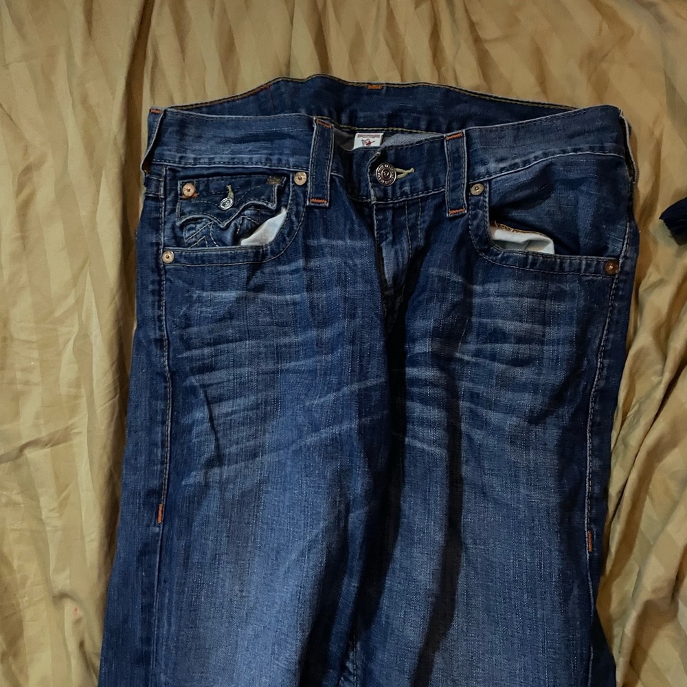 True Religion Men's 34 Section Straight Jeans Contrast Stitch Flap Pocket Y2K
